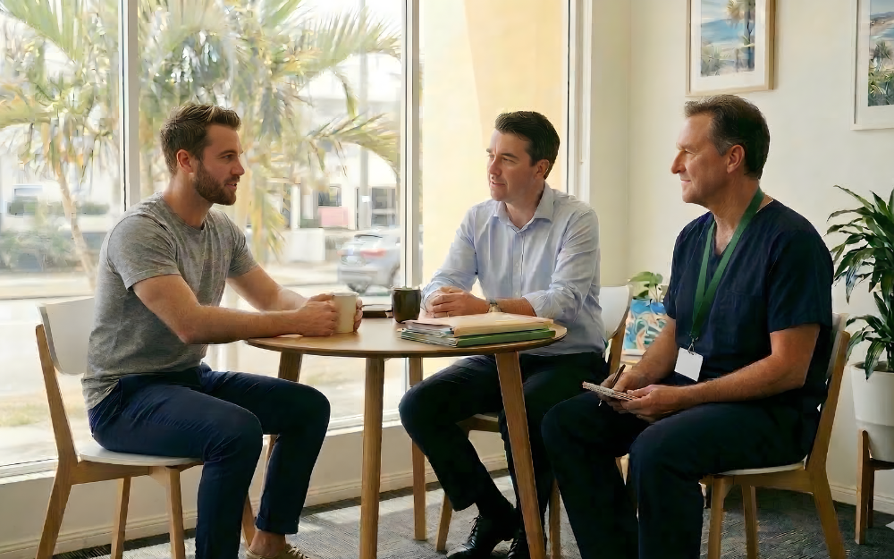 Lawyer, client, and medical professional talking about an integrated approach to faster recovery, showing Lifestyle Injury Lawyers’ Point of Difference