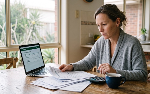 Australian woman reviewing multiple superannuation statements at home while researching a TPD insurance claim across several super funds.